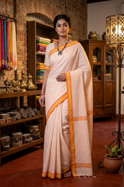 Off White Semi Hand Spun Hand Woven Saree with Yellow and Orange Checks and Border