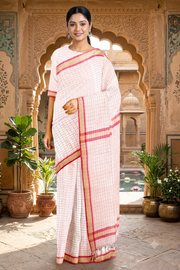 White Semi Hand Spun Hand Woven Saree with Beige and Red Checks and Border