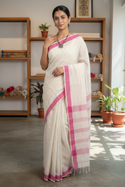 Off White Hand Spun Hand Woven Saree with Magenta Border