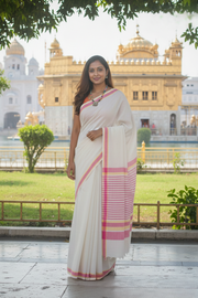 Ivory White Hand Spun Hand Woven Saree with Red and Yellow Border