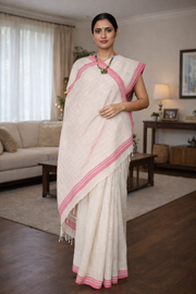 Off White Hand Spun Hand Woven Saree with Red Border