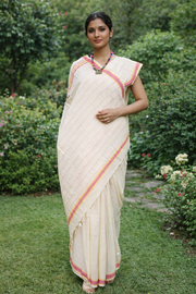 Ivory White Hand Spun Hand Woven Saree with Magenta and Yellow Linings and Border