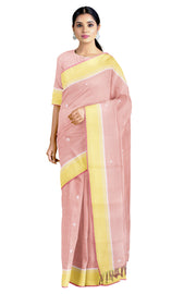 Melon Pink Saree with Magenta, Yellow and White Border and Butis