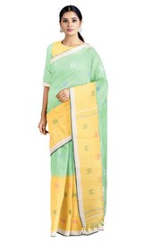 Green and Yellow Saree with White Border and Butis