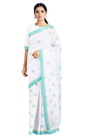 White Saree with Butis and Sea Green Border