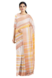 White Saree with Beige and Yellow Stripes, Border and Butis