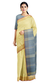 Green Saree with Yellow, Purple and Red Border