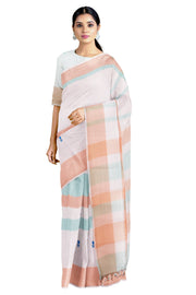 White Saree with Beige and Blue Border and Butis