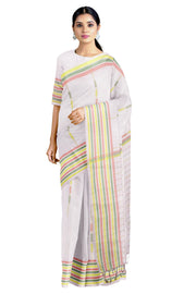 White Saree with Red, Green and Yellow Border and Lined Butis