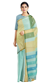 Yellow and Green Shaded Striped Saree with Cyan Butis and Brown Border