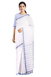 White Saree with Periwinkle Blue Border and Butis