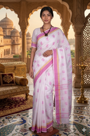 White Saree with Buff Yellow and Purple Border and Butis