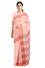 Peach Saree with Blue and Orange Border and Butis
