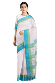 White Saree with Green and Blue Border and Butis