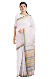 White Saree with Orange, Green and Blue Border and Butis