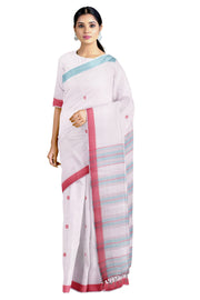 White Saree with Blue and Red Border and Butis