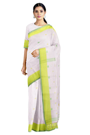 White Saree with Leaf and Bright Green Border and Butis