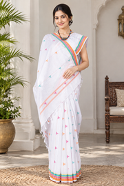 White Saree with Yellow, Green, Purple and Orange Border and Butis