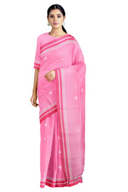 French Pink Saree with Butis and Red Border