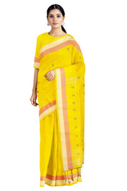 Yellow Saree with Peach and Chiffon Border and Linings and Green Butis