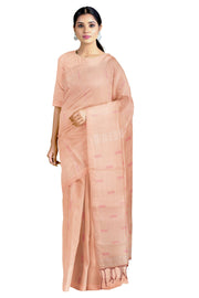 Peach Saree with White and Magenta Striped Butis