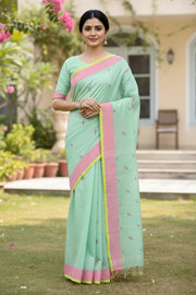Green Saree with Yellow and Magenta Border and Butis