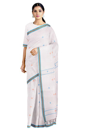 White Saree with Blue and Orange Border and Butis