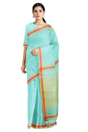 Cyan Saree with Yellow, Magenta and Orange Border and Butis