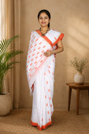 White Saree with Beige and Orange Border and Butis