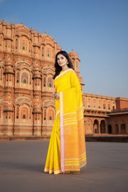 Yellow Saree with Peach and Golden Border and Butis