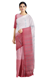 White, Pink and Red Striped Saree with Blue Lined Butis