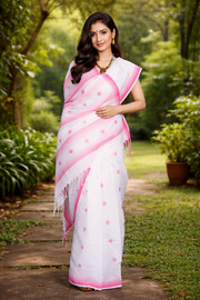 White Saree with Magenta Border and Butis
