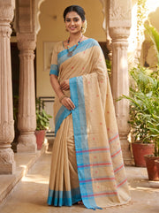 Beige Saree with Blue Border and Red Butis