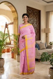 Pink Saree with Magenta and Yellow Border and Butis