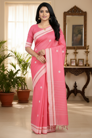 Red Saree with Magenta and White Border and Butis