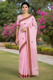 Pink Saree with Yellow, Magenta and Blue Border and Butis