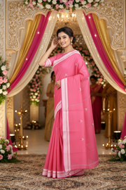 Magenta Saree with White Border and Butis