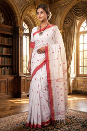 White Saree with Beige and Red Border and Butis