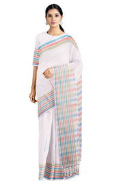 White Saree with Blue, Red and Green Border and Butis