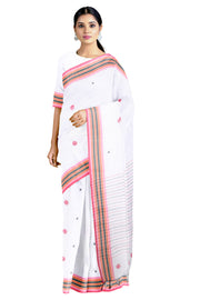 White Saree with Butis and Multi Colour Border