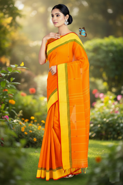 Orange Saree with Green, Yellow and Red Border and Lined Butis