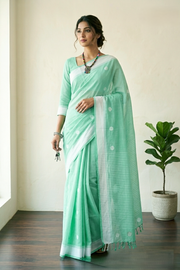 Green Saree with White Border and Butis