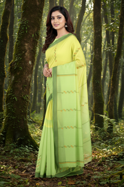 Yellow and Green Saree with Orange and Green Butis and Border