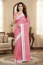 Red Saree with Blue and Magenta Lining Butis and White Border