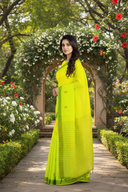 Lime Yellow and Green Saree with Orange and Leaf Green Border and Butis