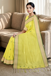 Lemon Yellow Saree with Buti and Green and Cream Border
