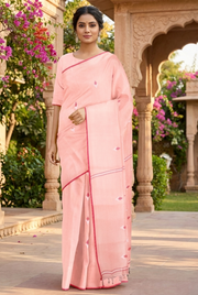 Peach Saree with Buti and Red Border