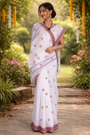 White Saree with Orange and Purple Border and Butis