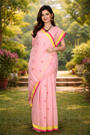 Peach Saree with Yellow and Magenta Border and Lining Butis