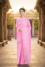 Baby Pink Saree with Buti and Pink Striped Border